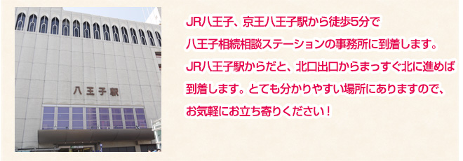 JR八王子、京王八王子駅から徒歩5分で八王子相続相談ステーションの事務所に到着します。JR八王子駅からだと、北口出口からまっすぐ北に進めば到着します。とても分かりやすい場所にありますので、お気軽にお立ち寄りください