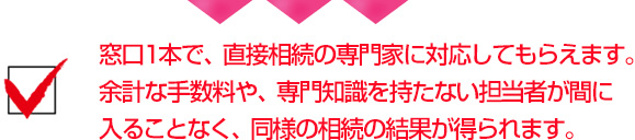 窓口1本で、直接相続の専門家に対応してもらえます。余計な手数料や、専門知識を持たない担当者が間に入ることなく、同様の相続の結果が得られます。